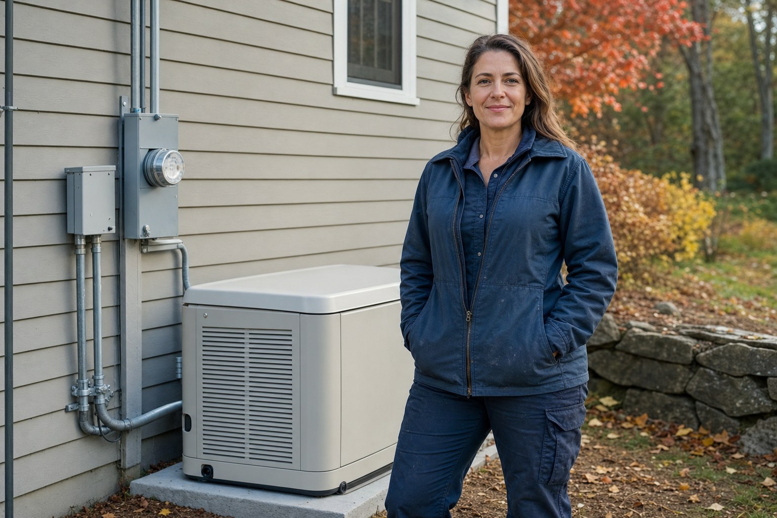 Corinne Tamsett, a master electrician, beside a home standby generator
