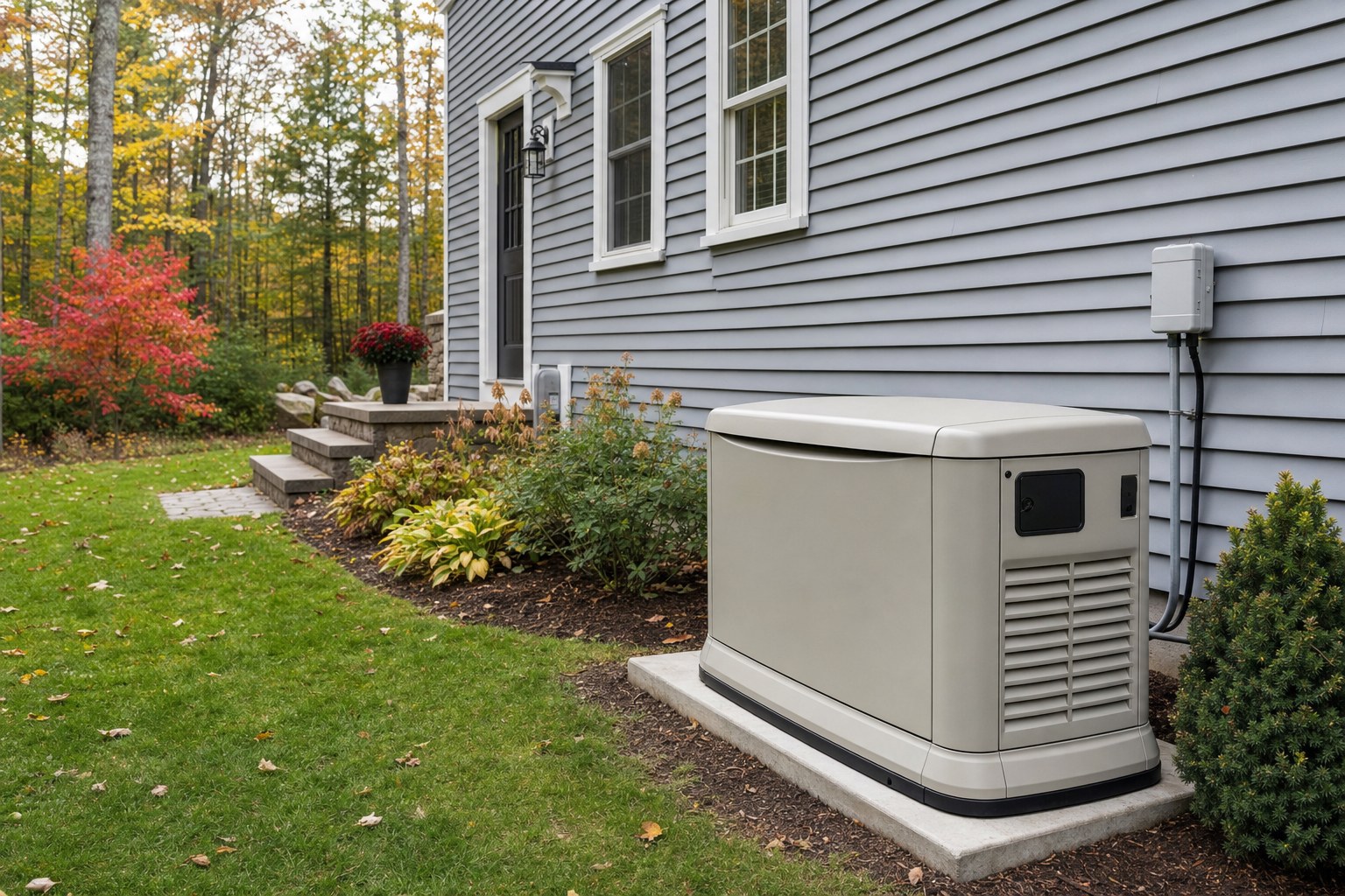 Compact generator beside a small New Hampshire cape house