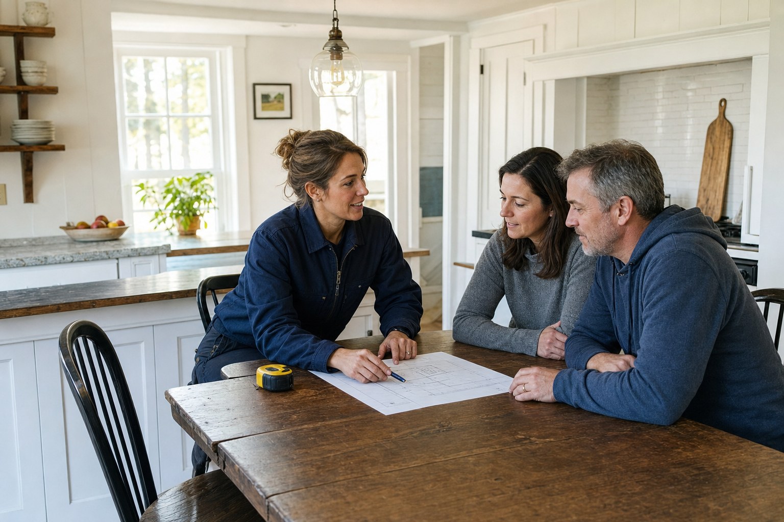 Electrician explaining a generator plan at a kitchen table