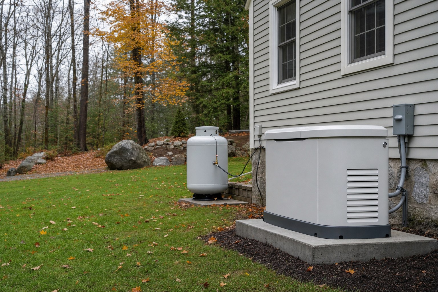 Home standby generator on a concrete pad beside a house and propane tank