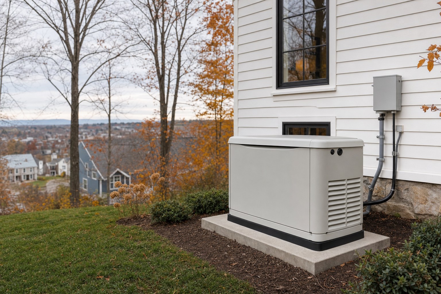 Standby generator installed beside a New Hampshire home