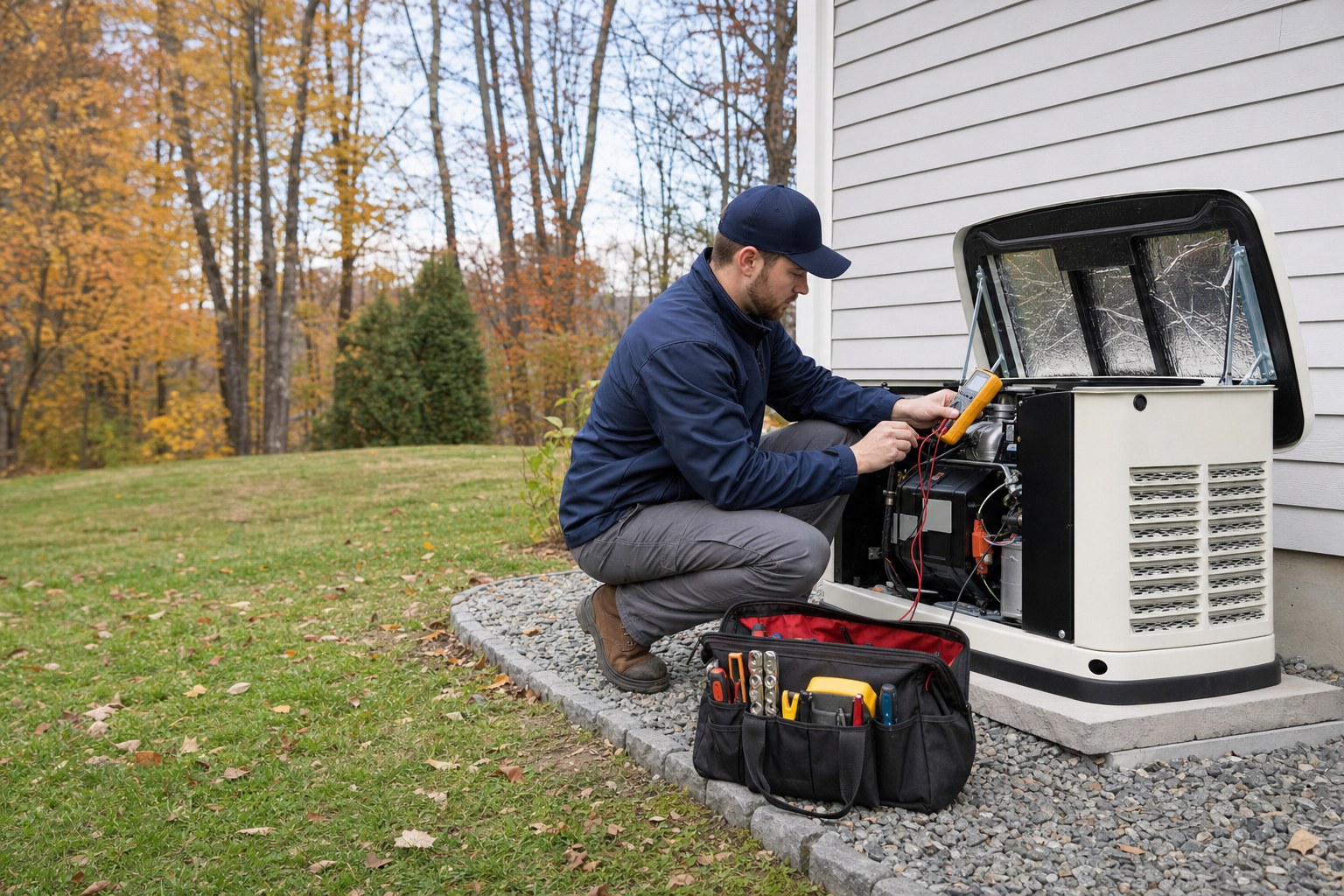 Technician checking a home standby generator during a fall maintenance visit