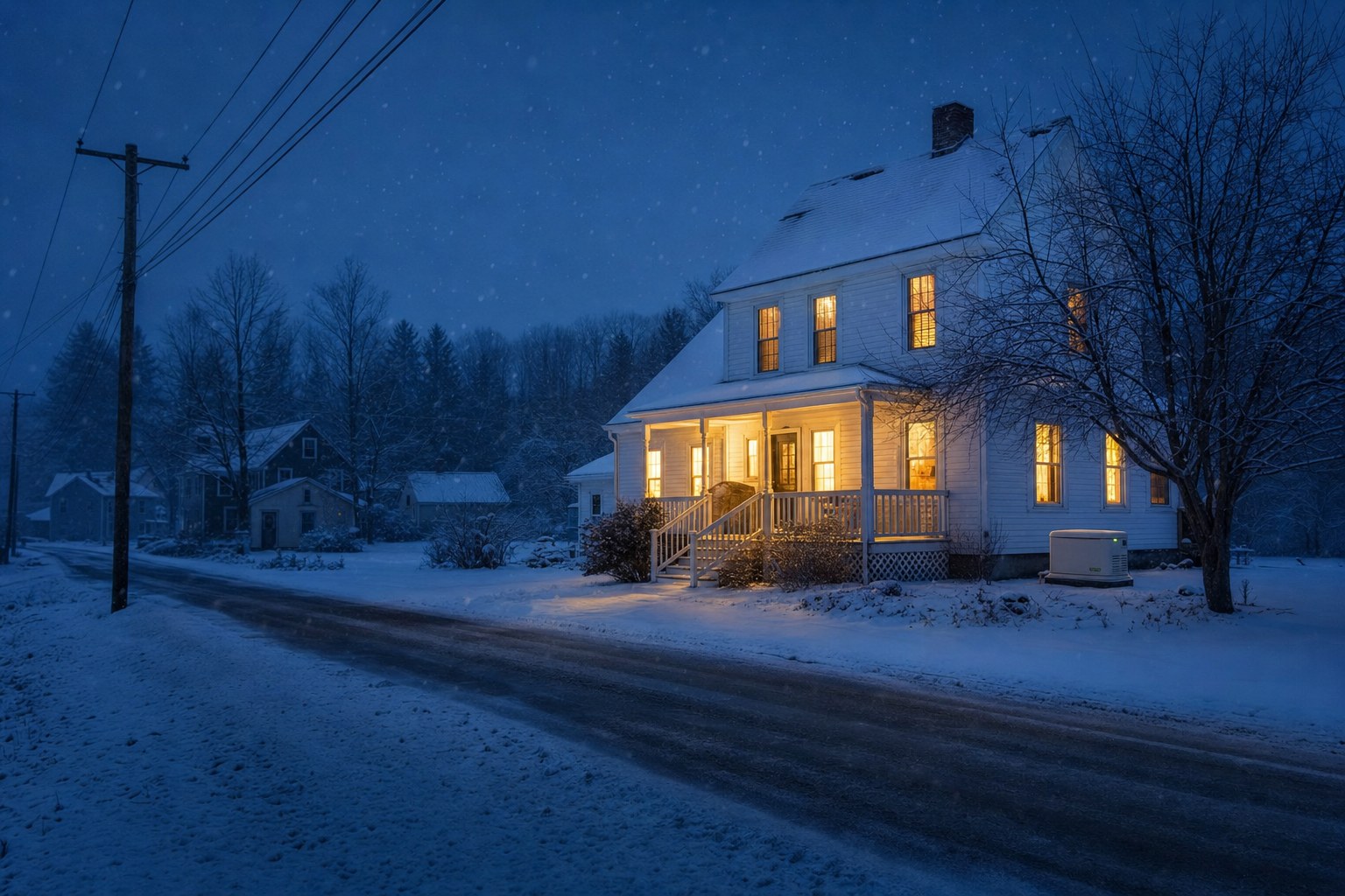 Older New Hampshire farmhouse with lit windows on a snowy winter evening