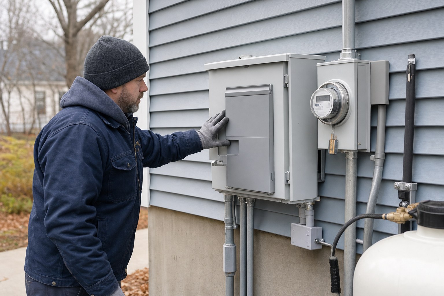 Electrician working beside a home electrical meter and transfer switch