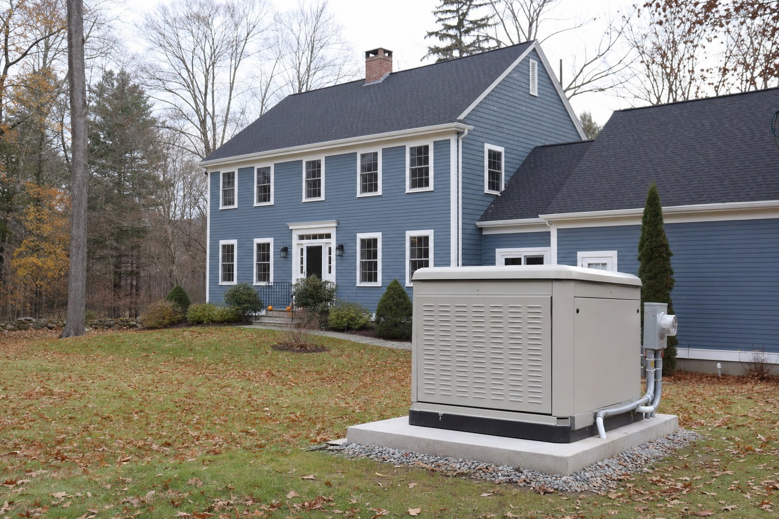Larger standby generator beside a New Hampshire colonial home